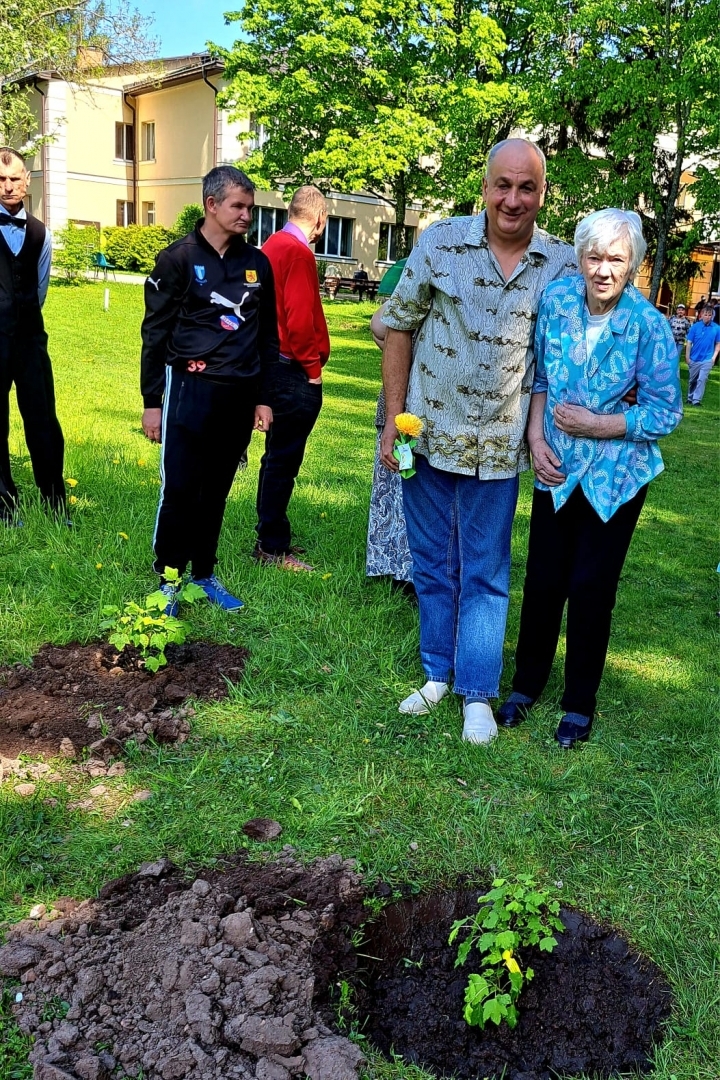 Cilvēki stāv pie iestādītiem nociņiem